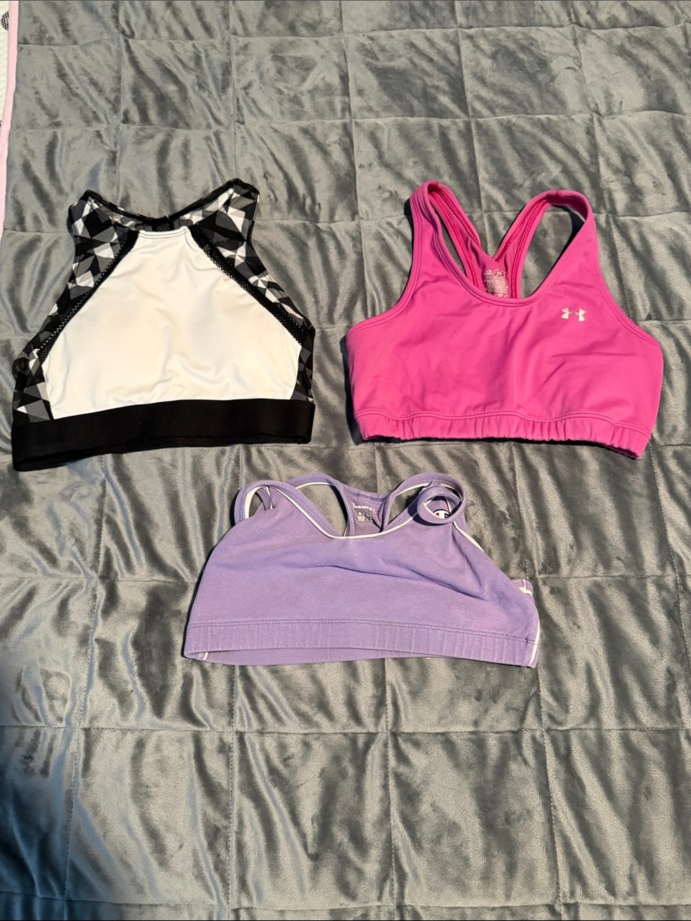 Under Armour Pink Sports Bra with Black & White Geometric and Lavender Bras